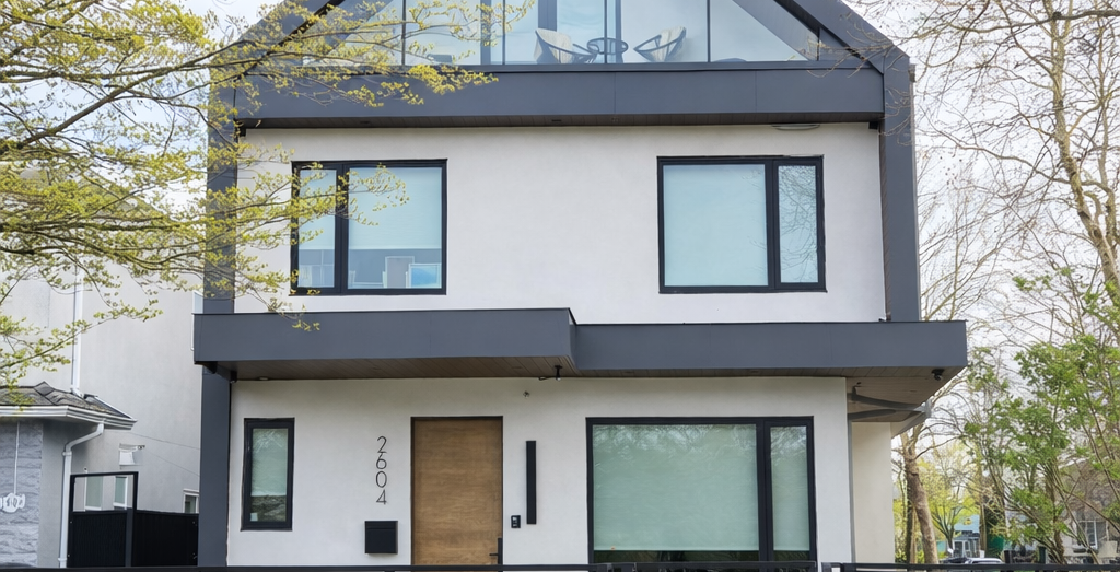 Duplex Front unit view - Front unit view of a contemporary Hastings Sunrise front and back duplex with double gable roofs, white cladding, and dark trim.