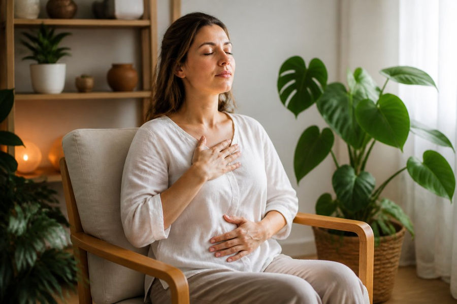 Person practicing deep breathing to manage high functioning anxiety while sitting calmly in a sunlit room.