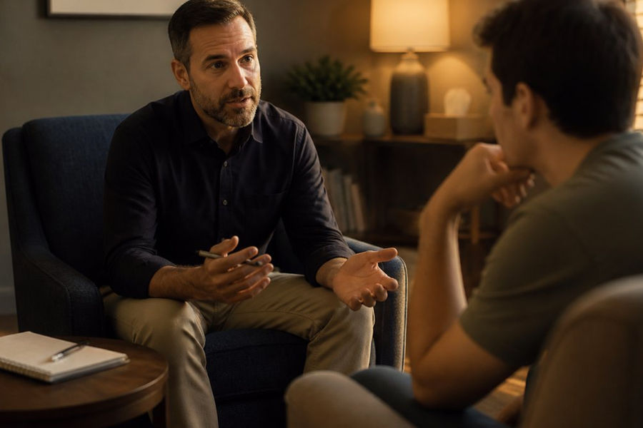 A therapist and client sitting in comfortable armchairs in a warm, softly lit office, engaged in conversation, with a notebook and pen on a side table