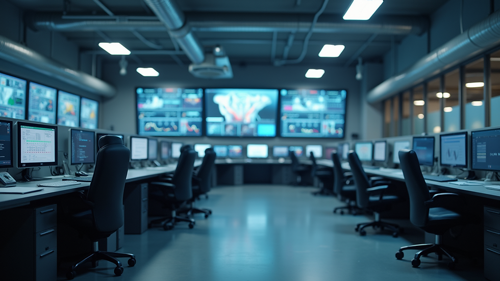 Eye-level view of a modern factory control room with digital monitoring systems