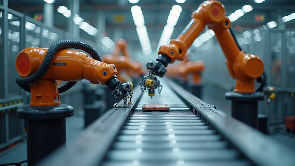 Eye-level view of automated robotic arms assembling products on a factory line