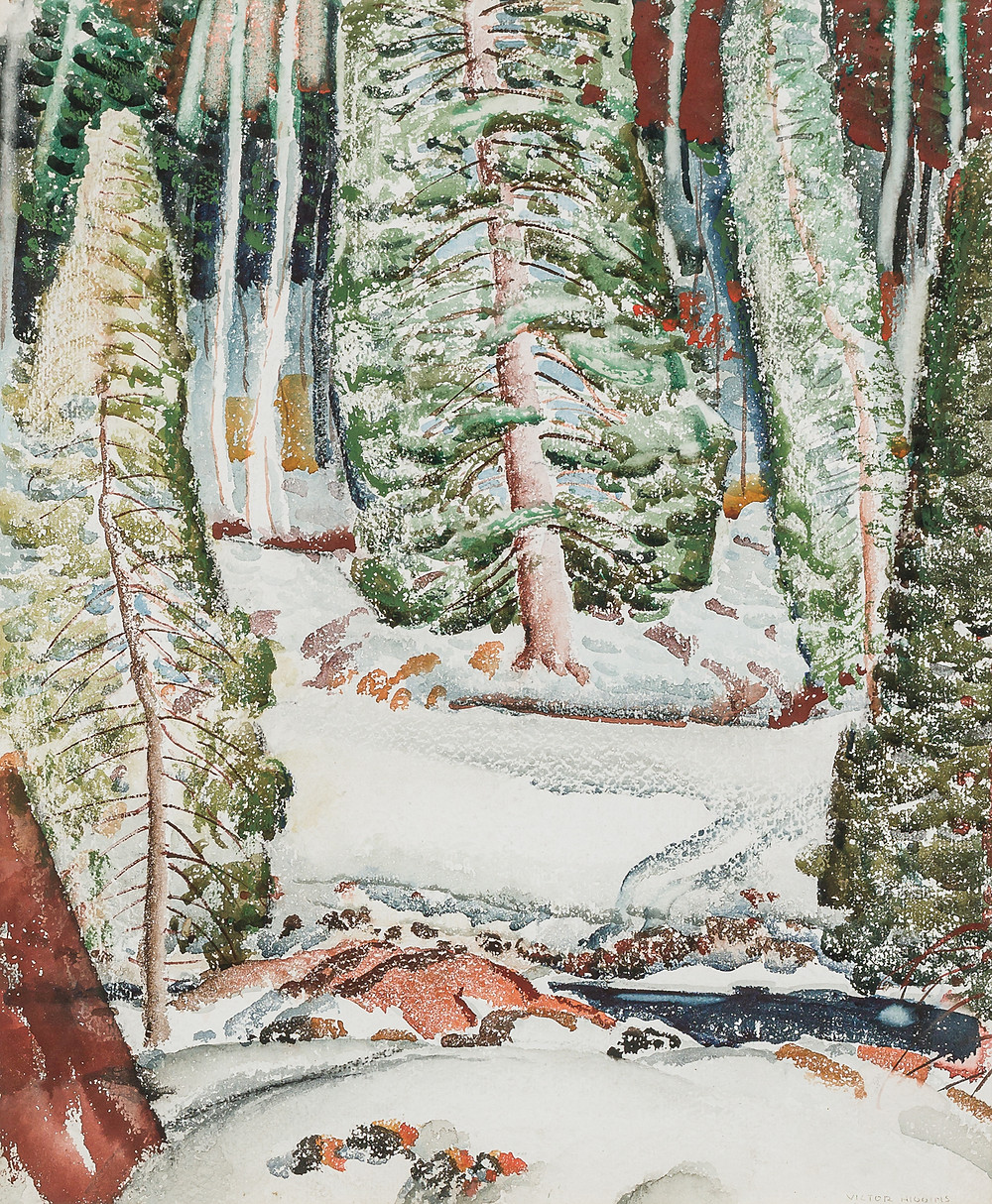 Winter landscape watercolor with trees in snow by Victor Higgins.