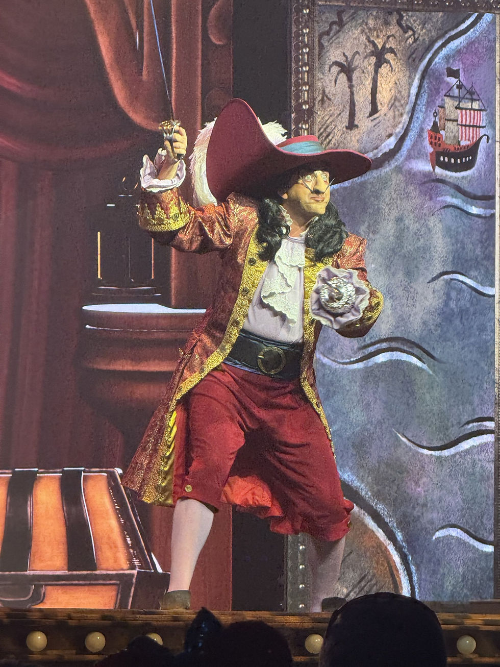 Pirate-themed performer wearing a feathered hat and gold-trimmed coat, holding a sword on stage. Nautical backdrop with ship and palm trees. This is Captain Hook in Disney Villains Unfairly Ever After at Disney's Hollywood Studios.