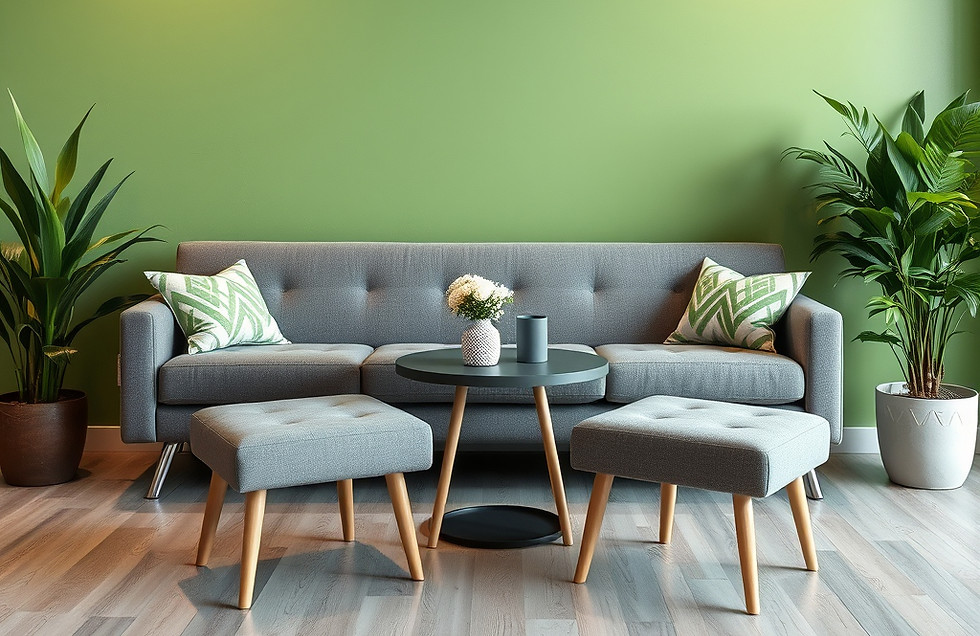 een coachingruimte met groen, grijs en wittinten met twee stoelen in een prettige lichte o