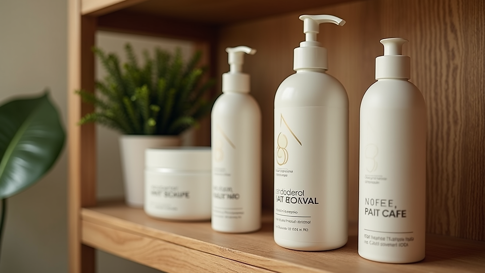 Close-up view of natural hair care products on wooden shelf