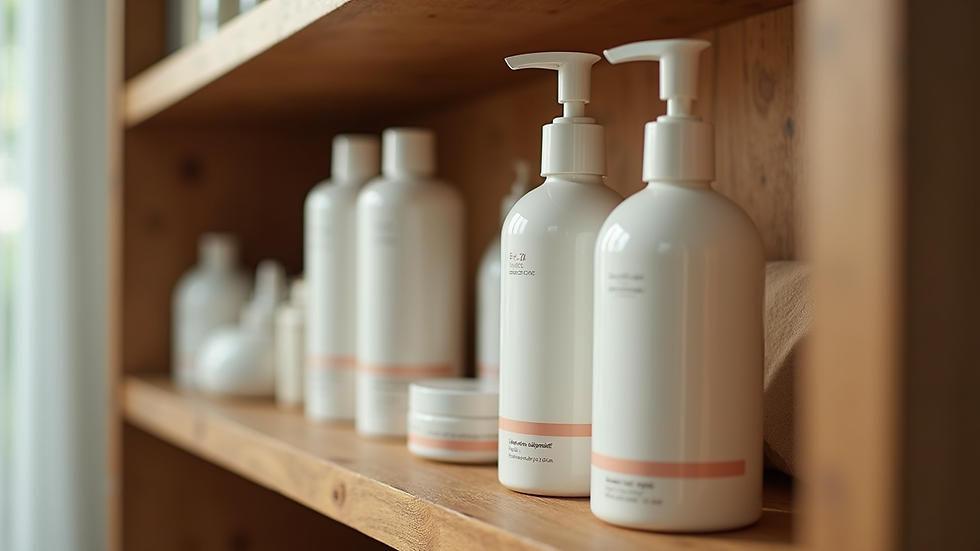 Eye-level view of natural hair care products arranged on a wooden shelf