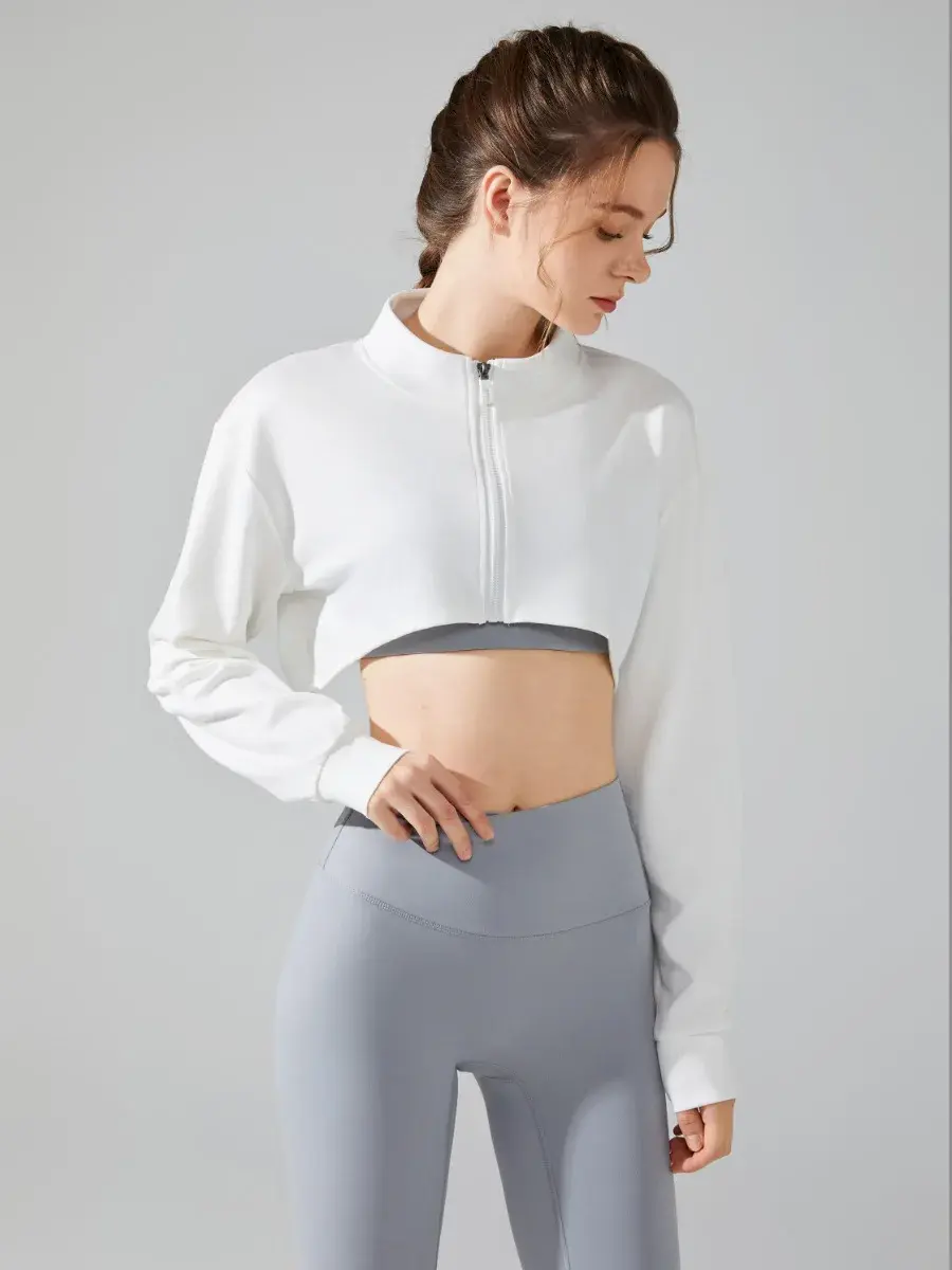 Thumbnail: Long Sleeve Stand Collar Sports Jacket Women Yoga Gym Fitness Loose Zipper Crop