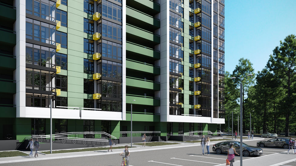 Сучасна багатоповерхівка з балконами, паркувальними місцями та зеленими насадженнями поруч