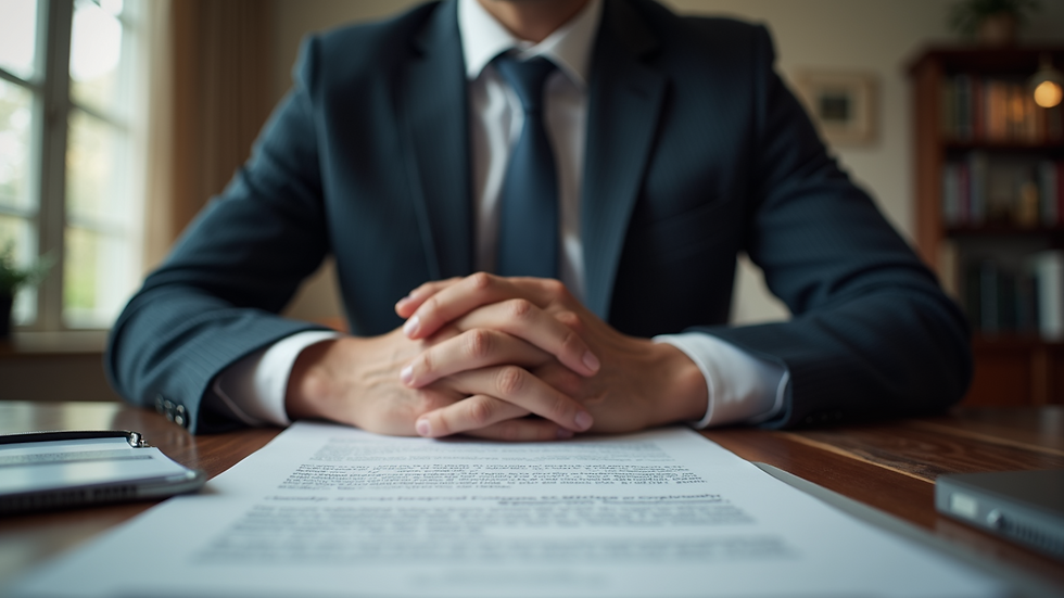 Eye-level view of a lawyer at a desk with legal documents
