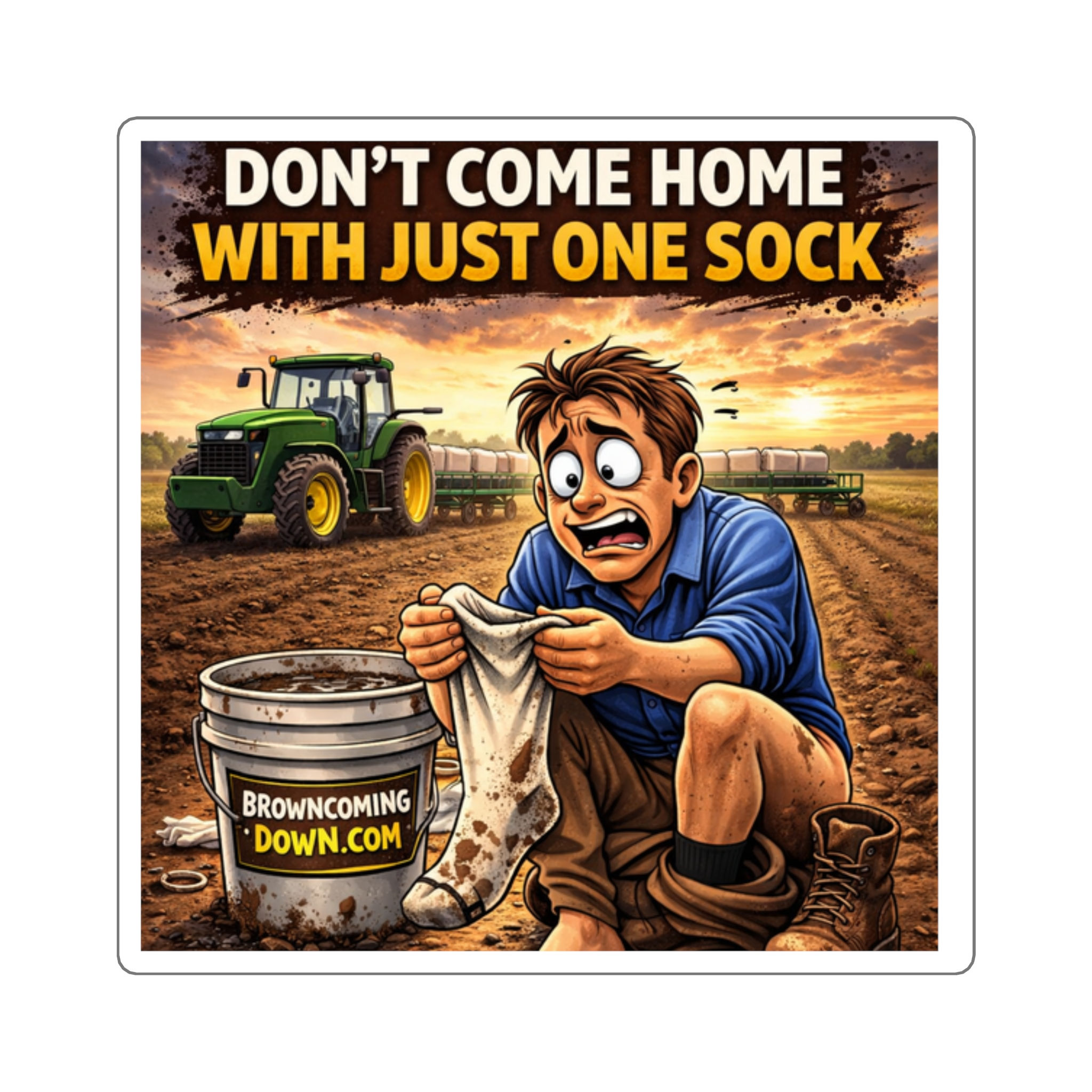 Square Sticker — "Don't Come Home With Just One Sock" Funny Farm Tractor Design