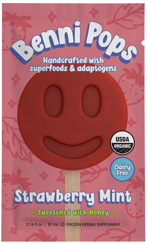 Benni Pops Strawberry Mint organic popsicle, dairy-free frozen treat sweetened with honey, handcrafted with superfoods and adaptogens. Pink packaging with smiley face popsicle design.