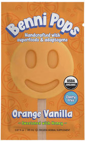 Benni Pops Orange Vanilla organic popsicle, dairy-free frozen treat sweetened with honey, handcrafted with superfoods and adaptogens. Orange packaging with smiley face popsicle design.