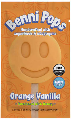 Benni Pops Orange Vanilla organic popsicle, dairy-free frozen treat handcrafted with superfoods and adaptogens, sweetened with honey