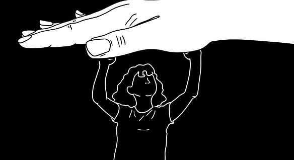 Black and white animated image from documentary, To Be Silent. A girl is being pressed down.