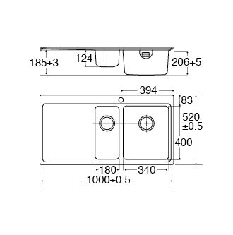 A2B Kitchens CDA KVF22LSS 1.5 Bowl Flush-Fit Left Hand Drainer Measurements