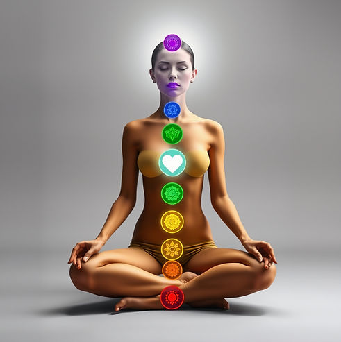 full body woman sitting down with 7 chakra images 1 red at base of spine then 1 orange ju