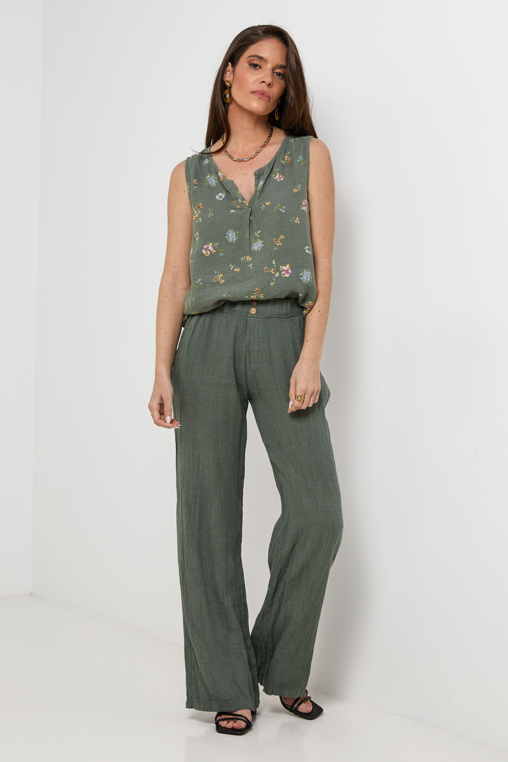 Top à imprimer fleurie, col rond et V, sans manches