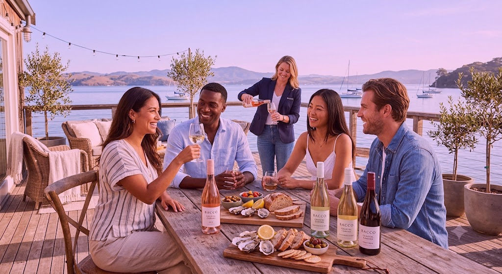 Friends enjoying an effortless, relaxed wine tasting on a sunlit wooden deck overlooking a coastal view. BACCO