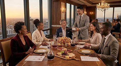 A sophisticated corporate executive enjoying wine being poured at a formal dinner table adorned with charcuterie, decanters, and floral centerpieces for BACCO.