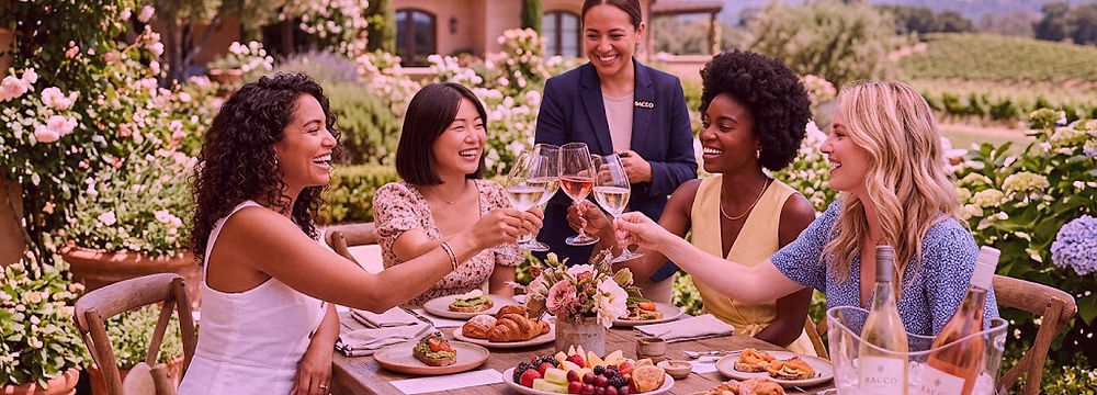 Friends enjoying a premium, sunlit outdoor private brunch and wine tasting event. BACCO