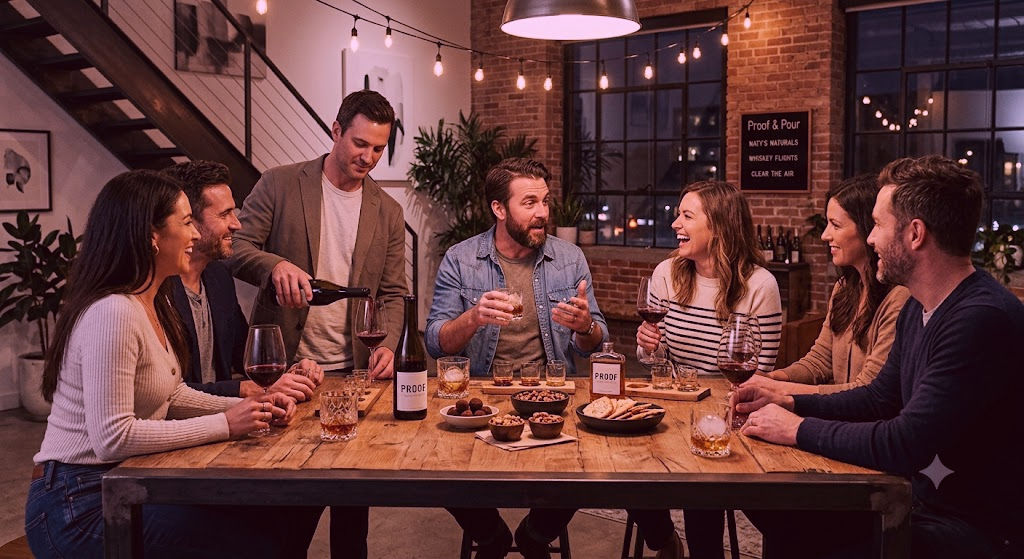 An after-hours gathering featuring a dual setup of premium natural wine and amber whiskey glasses on a modern industrial tabletop. BACCO