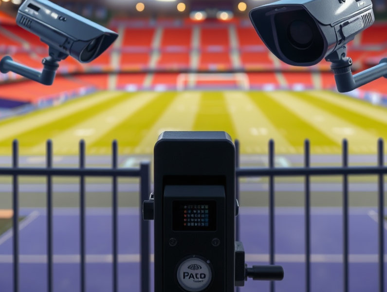 Purple Security Cameras viewing stadium with access controlled gate.png