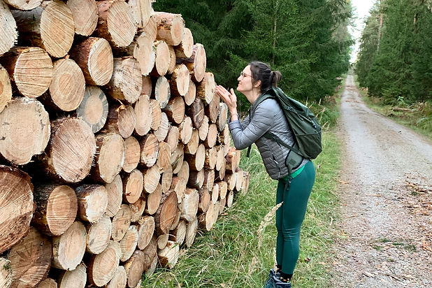 Genussraumdesign Julia im Wald und riecht frisch geschlagenenes Holz