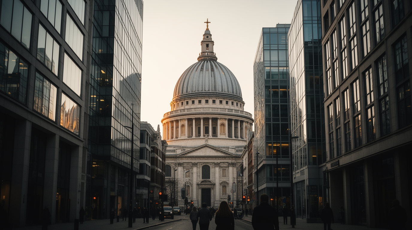 A cathedral dome seen between modern office towers in the City of London