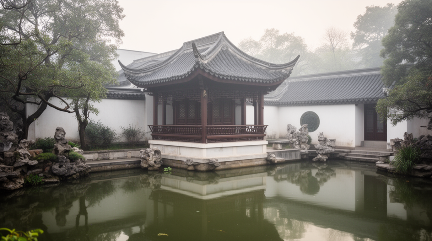 A classical Chinese garden with a pavilion beside a pond