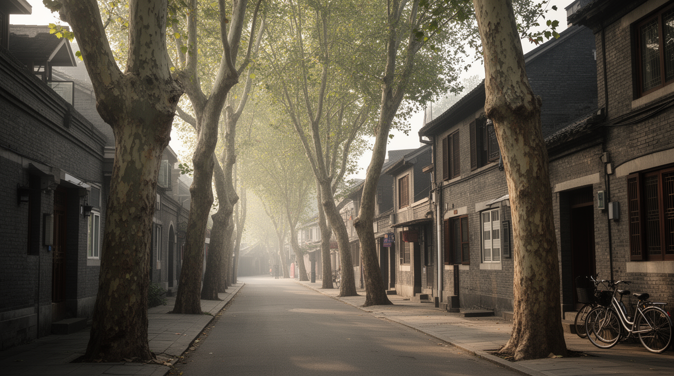 A tree-lined residential street in Shanghai