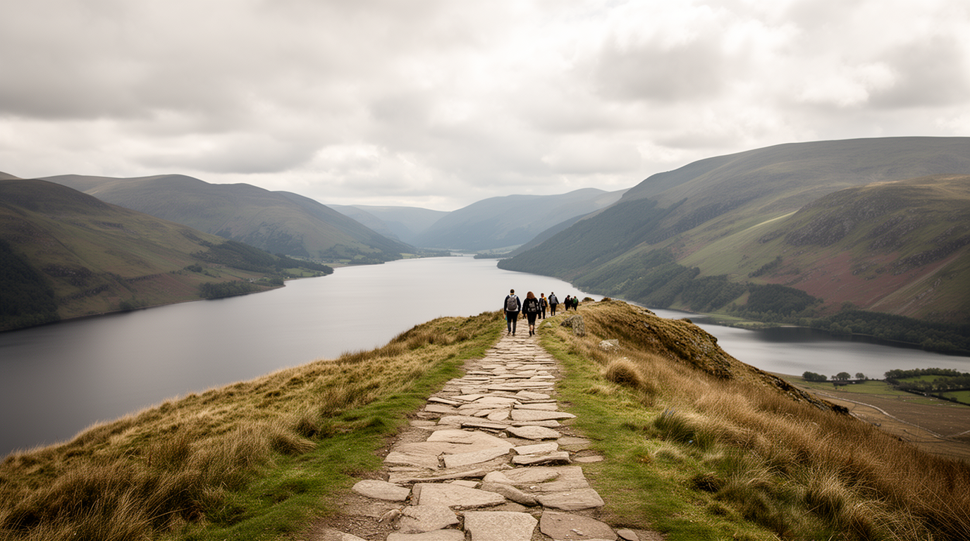 A footpath along a ridge above a lake in the English Lake District