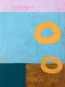 Abstraktes Gemälde „Mondzauber“ von Ulrike Willenbrink. Acryl und Mischtechnik auf Papier in Orange- und Türkistönen. Zeitgenössische abstrakte Malerei, 2022.