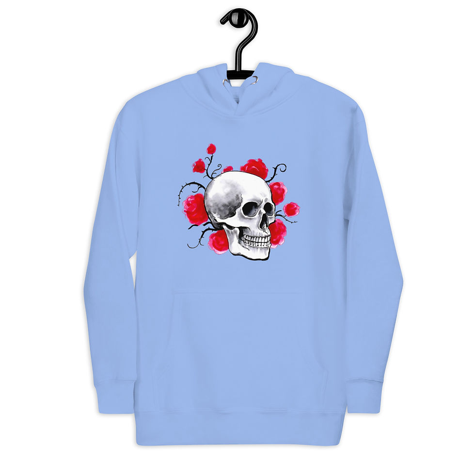 Thumbnail: Women's Skull And Roses Baby Blue Pullover Hoodie