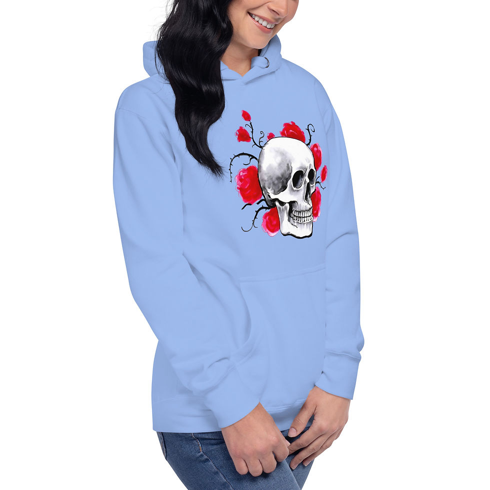 Thumbnail: Women's Skull And Roses Baby Blue Pullover Hoodie