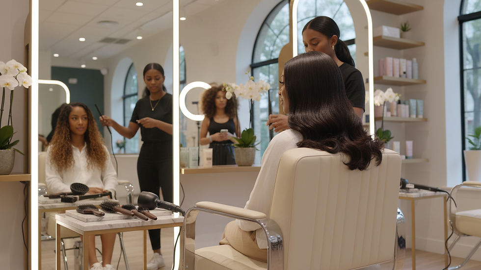 Eye-level view of luxury salon styling chair and hair tools