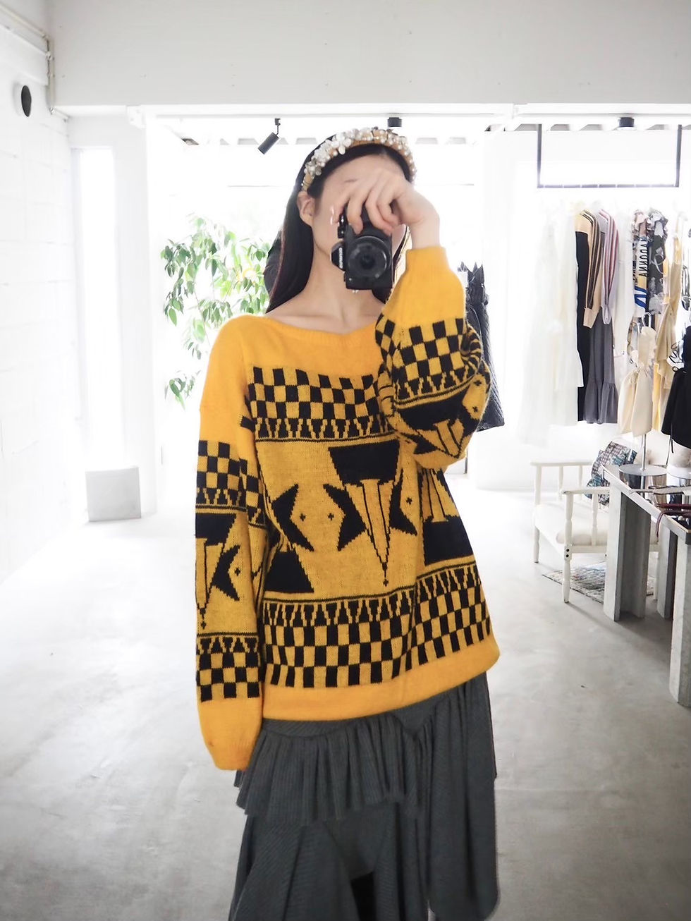 サムネイル： boat neck checkered pattern  knit