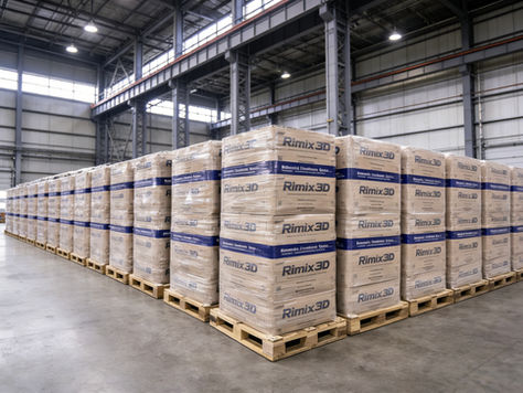 PIONEER Rimix3D concrete fiber reinforcement products stored in a warehouse, ready for global shipment and construction projects