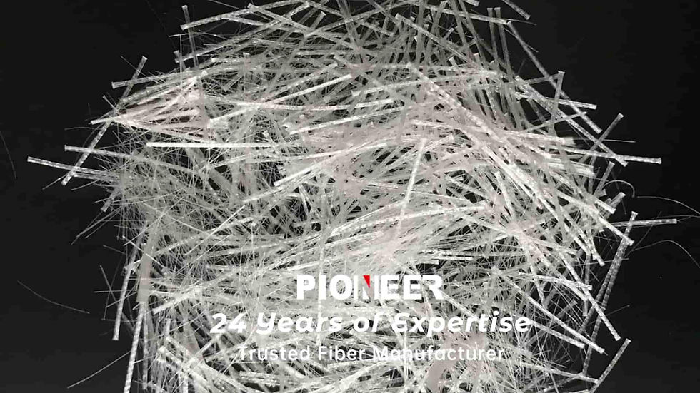 Top-down view of Pioneer Fibre's HTM Emb Blend showcasing a mixture of embossed macro synthetic fibers and fine microfilaments on a black background