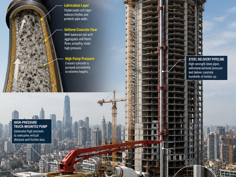  High-pressure concrete pump line executing vertical delivery to a supertall building skyscraper