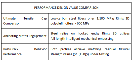 Performance design value comparison table showing ultimate tensile cap, anchoring matrix engagement, and post-crack residual flexural strength f150 for Rimix 3D polyolefin versus steel fibers