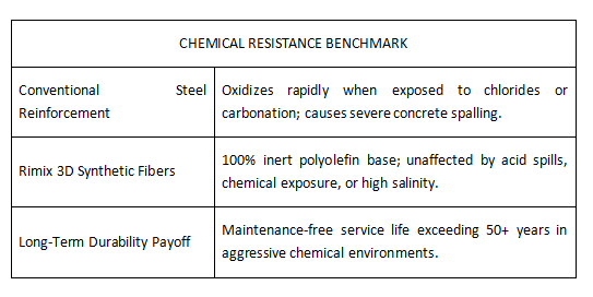 Chemical resistance benchmark comparison table showing conventional steel reinforcement corrosion versus Rimix 3D synthetic fibers long term durability