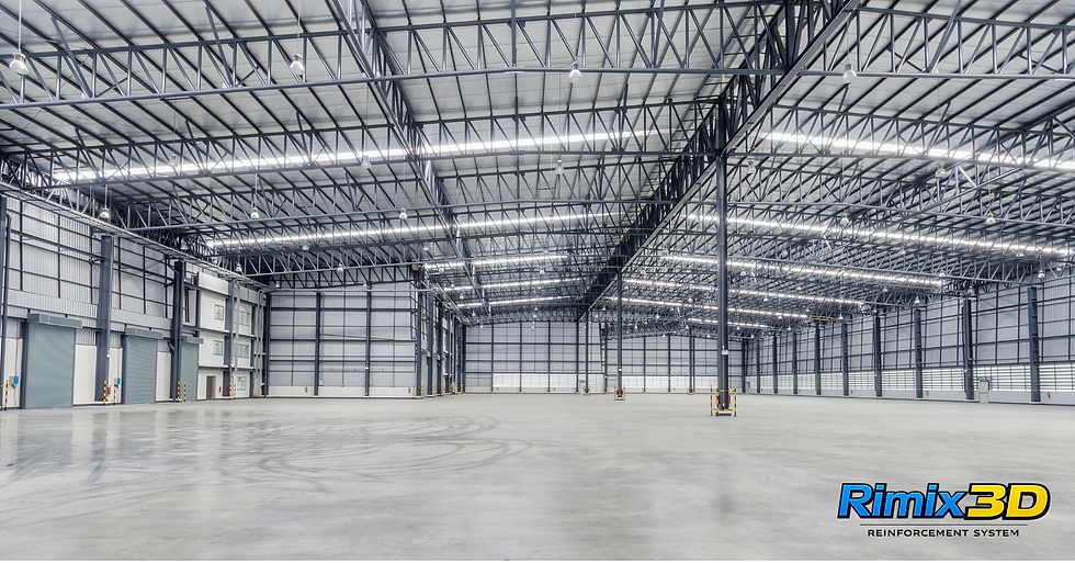 Completed heavy-duty industrial warehouse floor, demonstrating macro synthetic fiber dosage performance equivalent to traditional steel specifications, with Rimix 3D reinforcement technology.