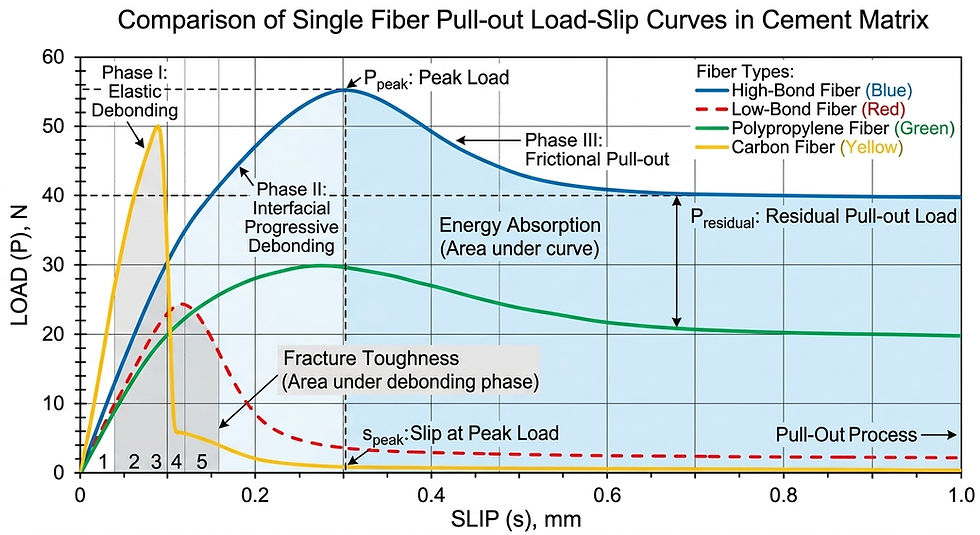 Analytical laboratory chart mapping single fiber pull-out force resistance load-slip paths