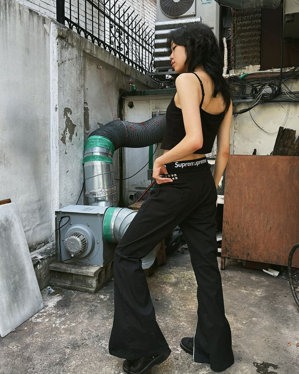 Thumbnail: Black peace now zipper detail boot cut pant