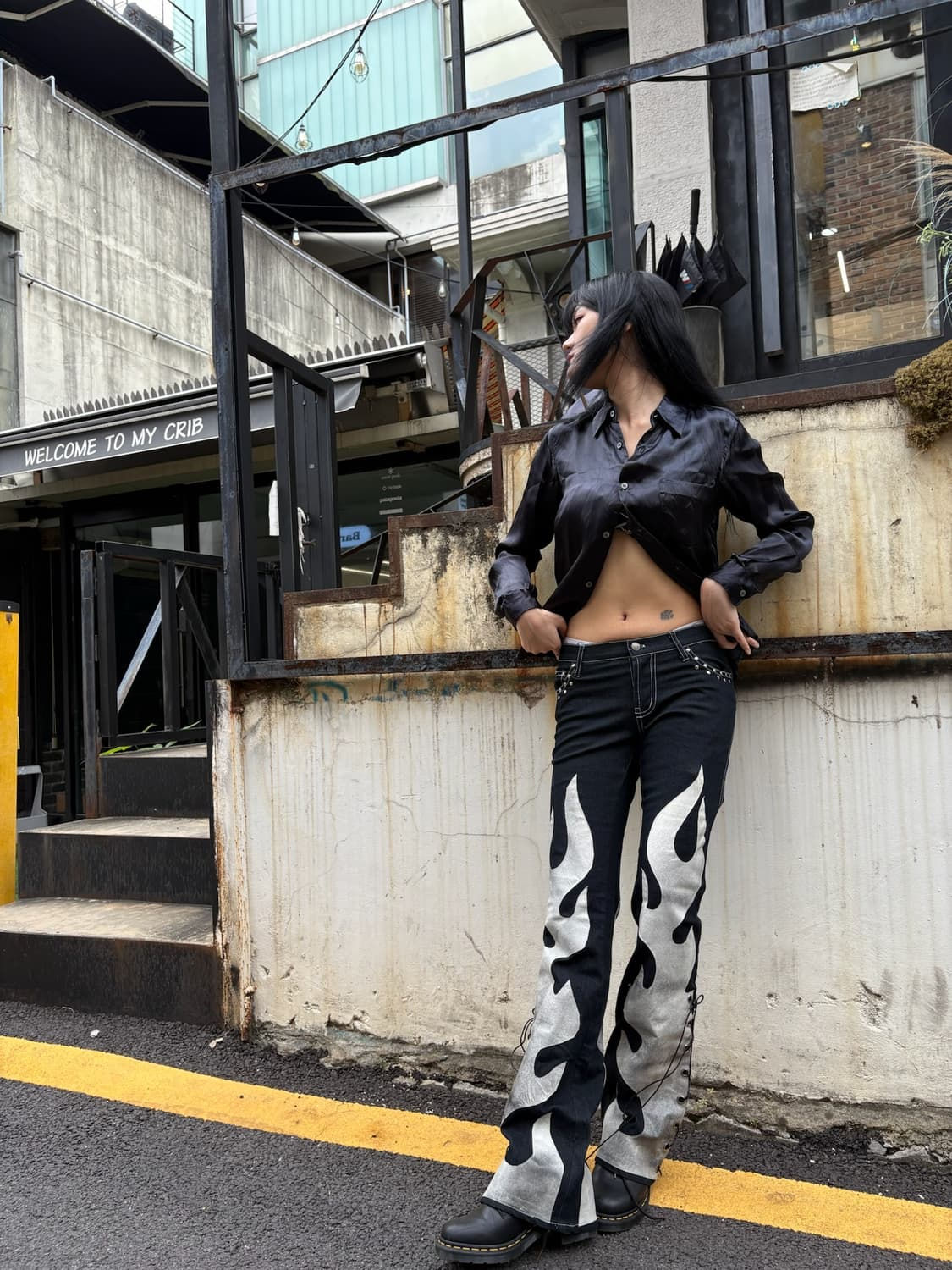 H. Naoto H rockers flame eyelet detail boot cut pant