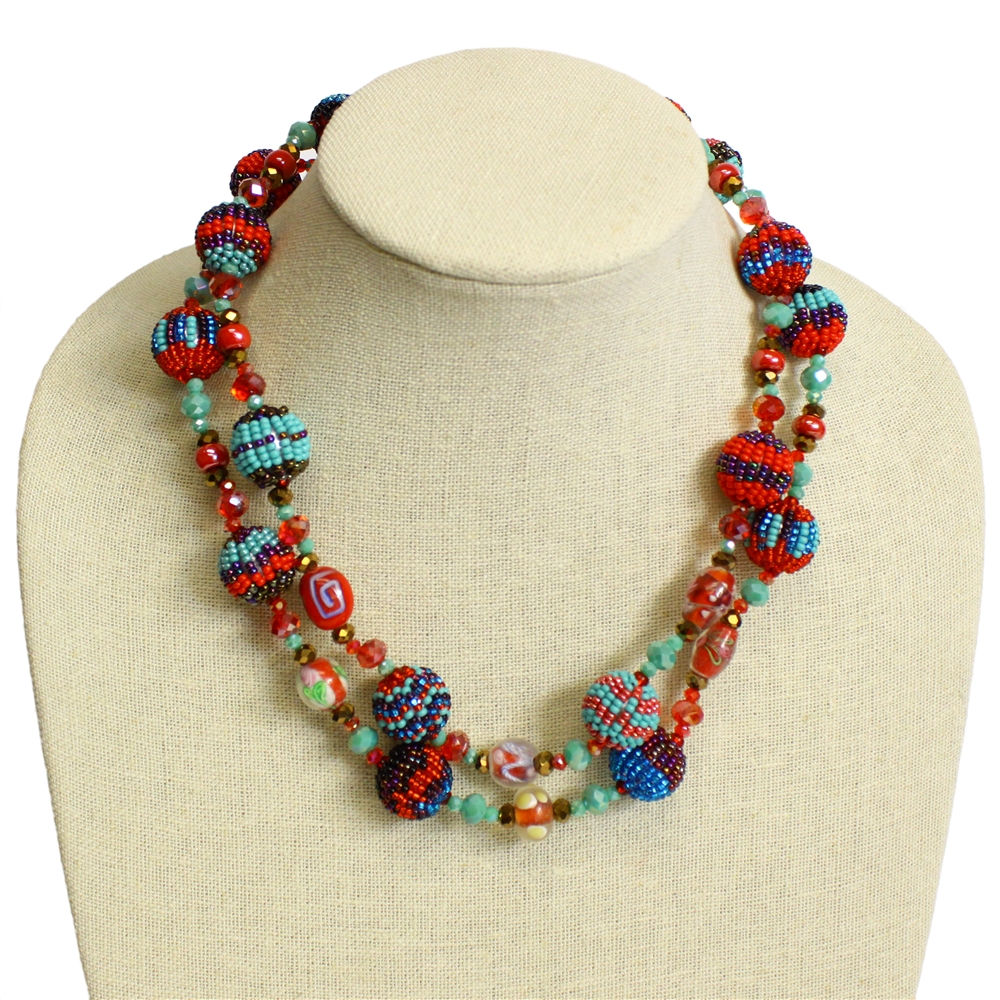 Fiesta 30" Turquoise, Red Long Strand Ball Necklace