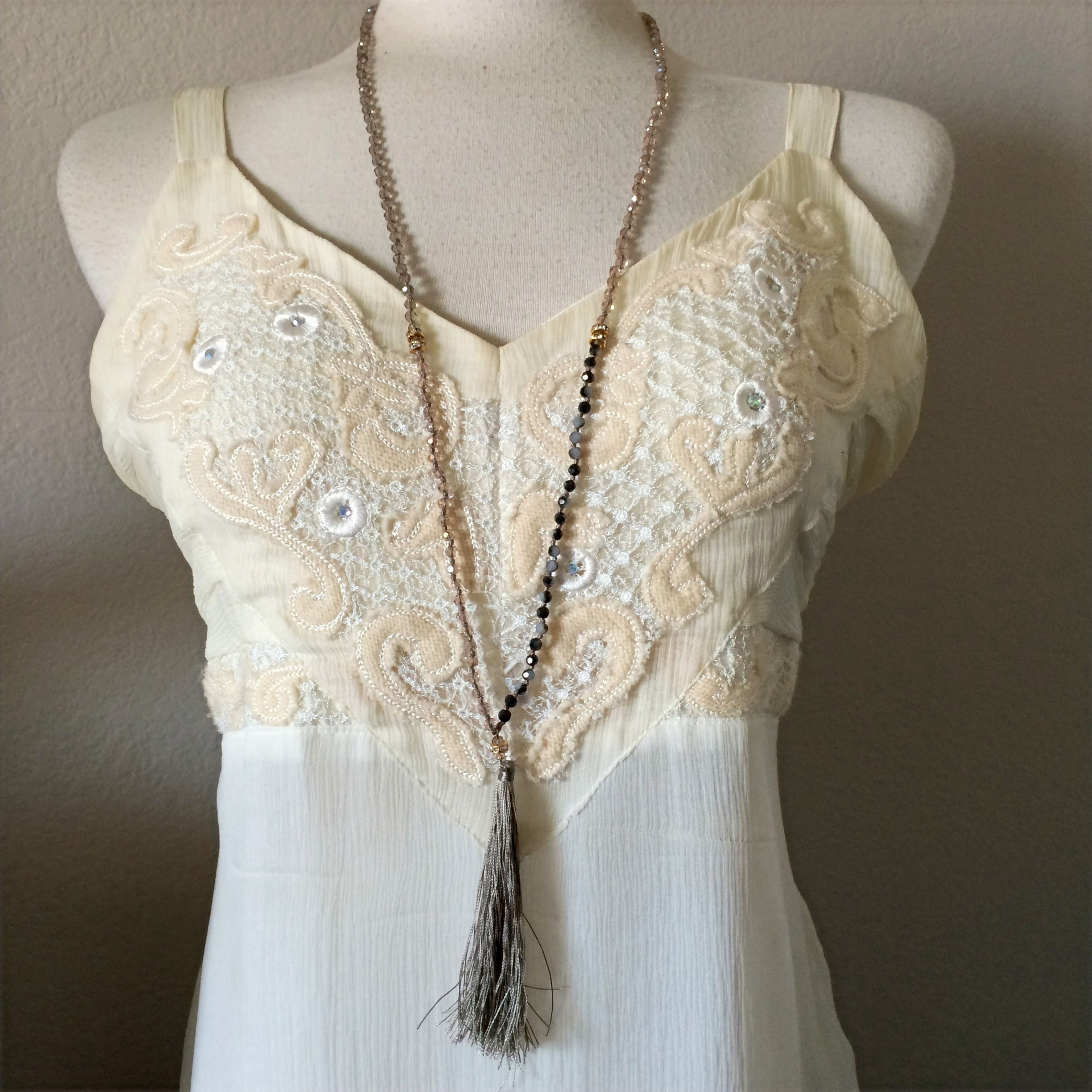 Bohemian Crystal Bead Tassel Strand String NECKLACE 32" Rose Taupe