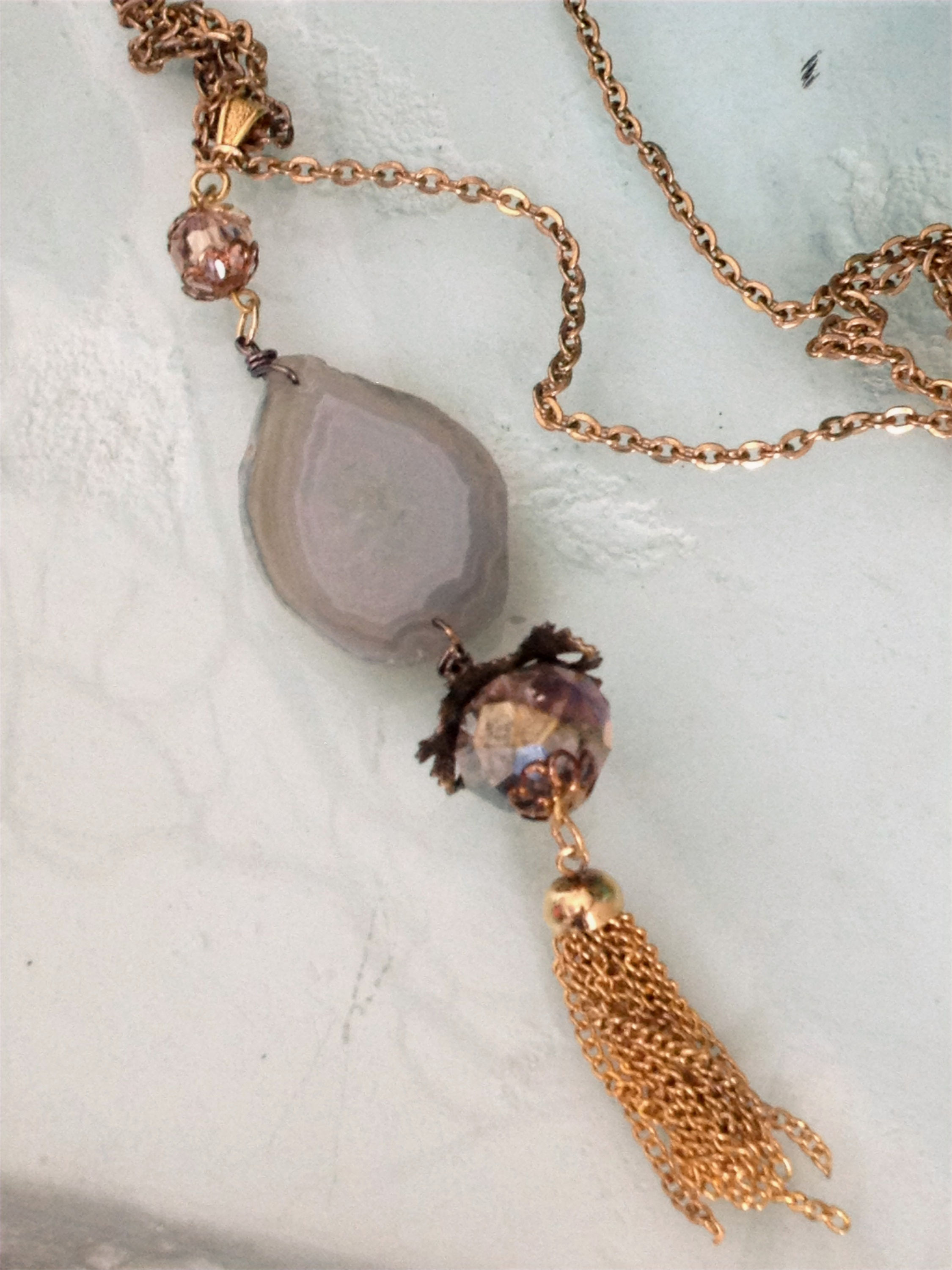 Artist Bohemian Handmade AGATE Tassel Pendant Statement NECKLACE 28"