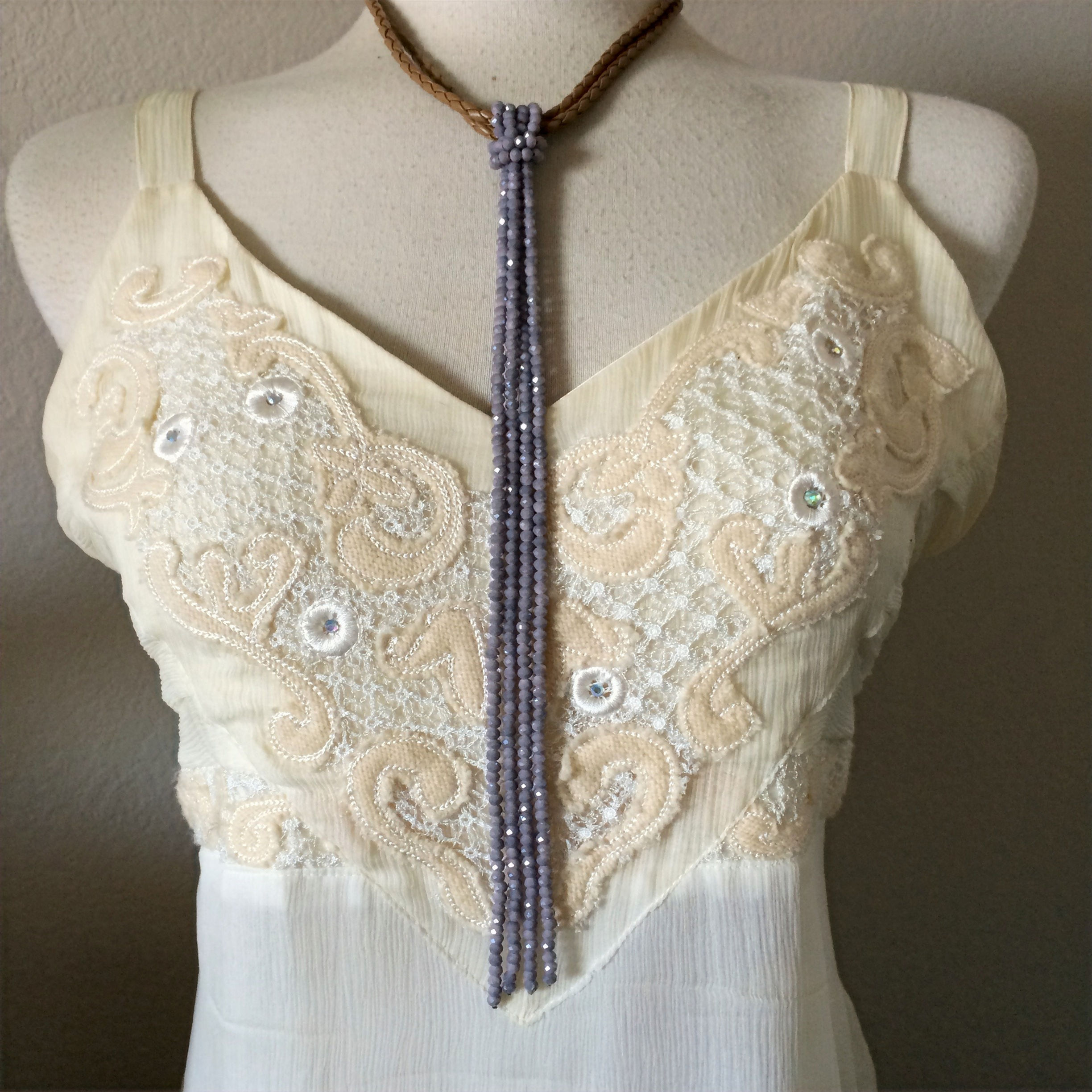 Bohemian Crystal Bead Lariat Tassel Strand String NECKLACE LAVENDER