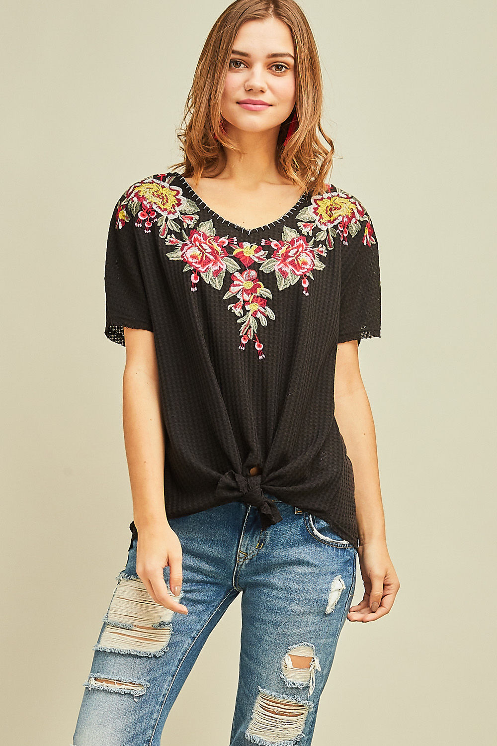 Floral Embroidered Short Sleeve Waffle Knit V-neck Top Tunic Black